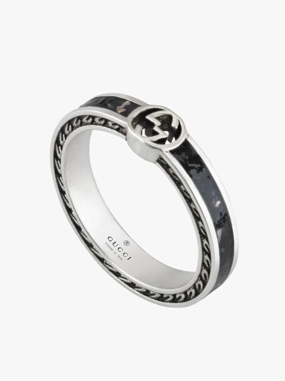 GUCCI RING STERLING SILVER w BLACK ENAMEL INTERLOCKING GG LOGO sz 17 US 8
